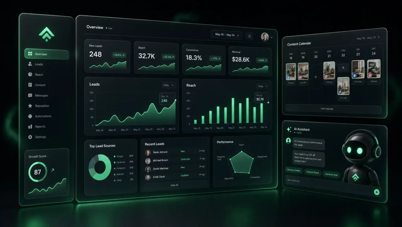 VisRise growth dashboard showing leads, reach, content calendar, and an AI assistant
