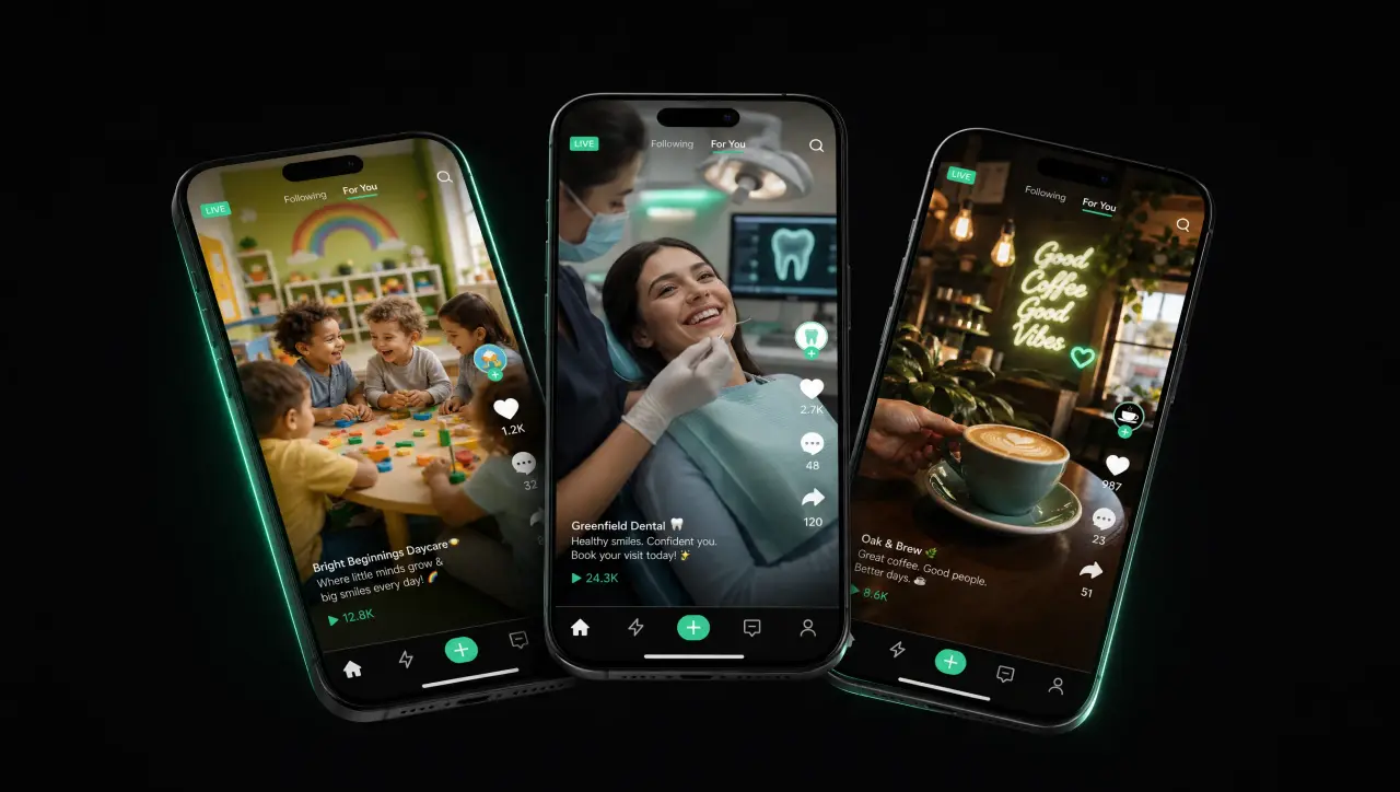 VisRise social autopilot showing branded reels for a daycare, clinic, and cafe across Instagram, TikTok, and YouTube
